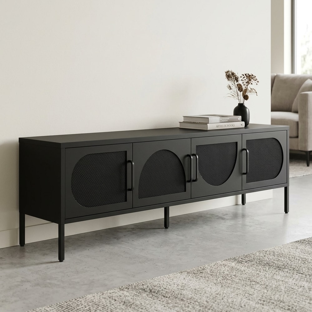 Mueble de TV Negro con Puertas de Rejilla