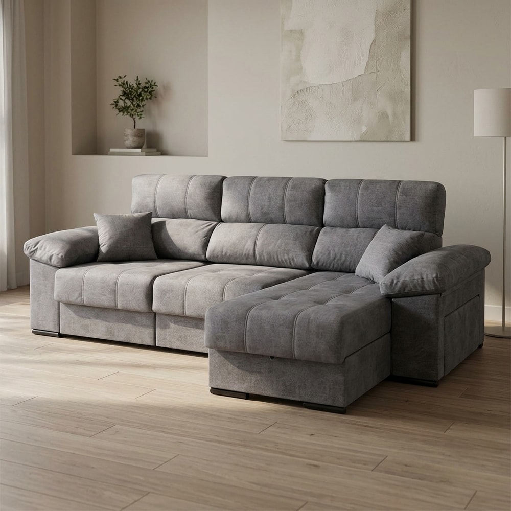 Chaise longue 3 plazas gris con arcón y cama XL