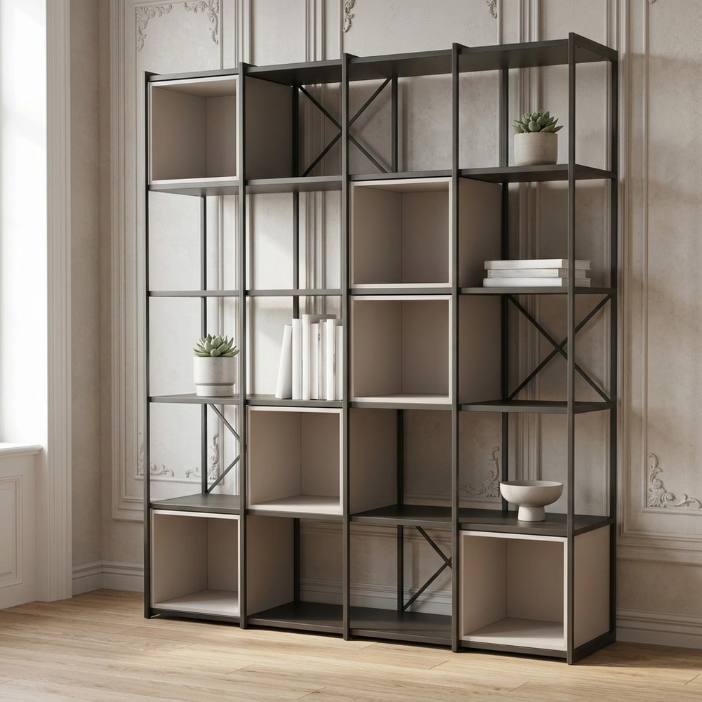 Estantería de salón negra y beige con cubos