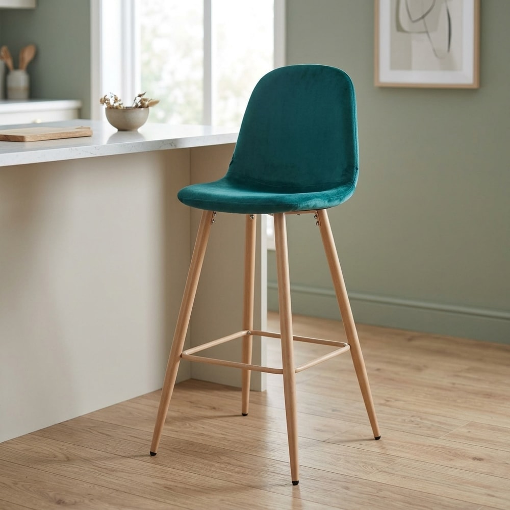 Taburete de terciopelo verde con patas de metal