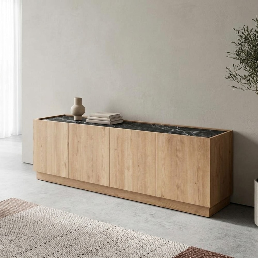 Mueble TV madera natural y encimera de mármol
