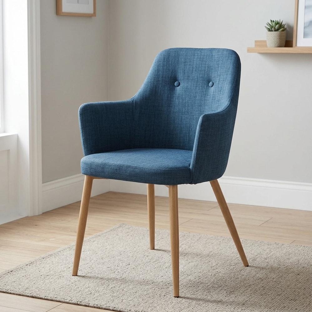 Sillón tapizado azul con reposabrazos