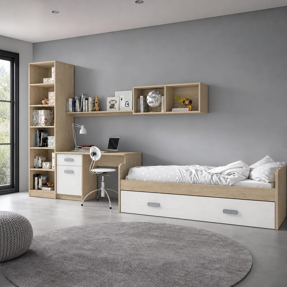 Dormitorio juvenil con cama nido y escritorio con almacenaje