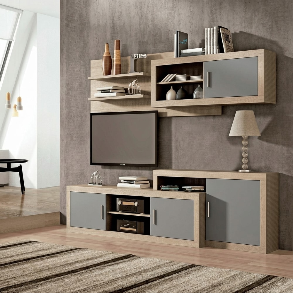 Composición de salón moderna en madera y negro