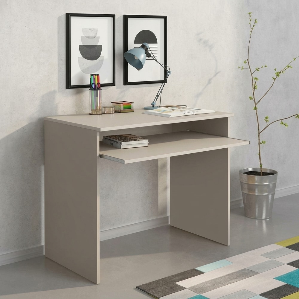 Mesa de estudio beige con estante de almacenaje