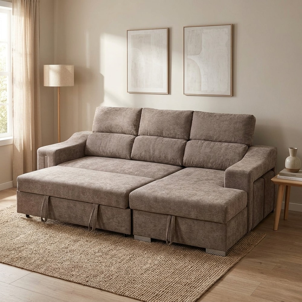 Sofá cama chaise longue con arcón y taburetes