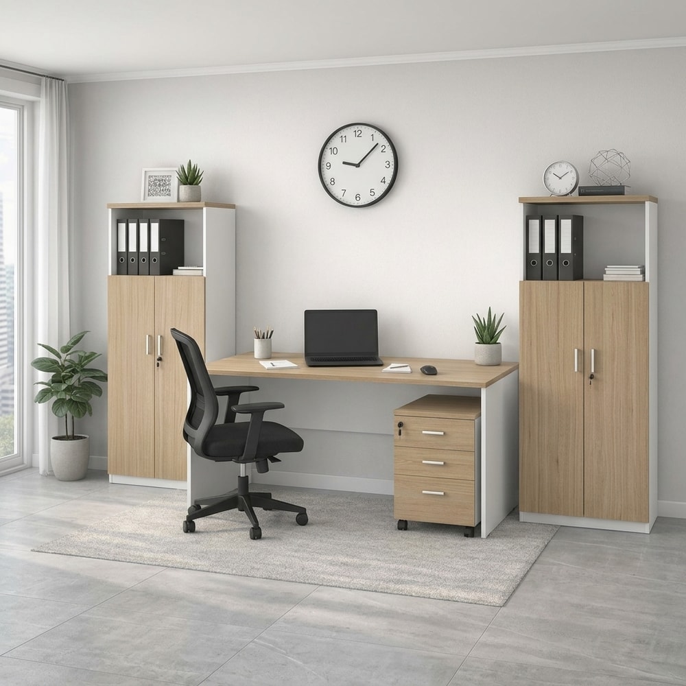 Escritorio de oficina moderno blanco y roble