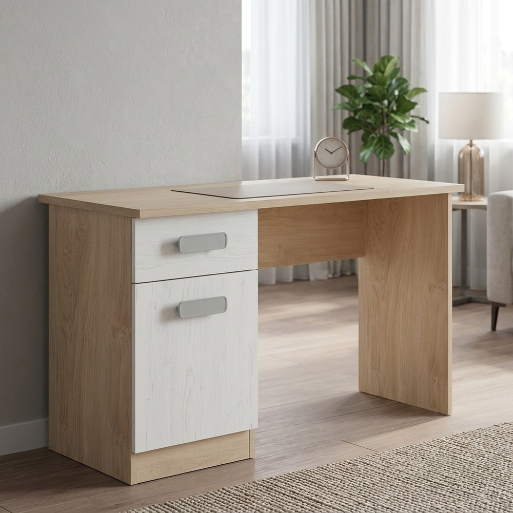 Mesa de estudio beige con cajón y armario