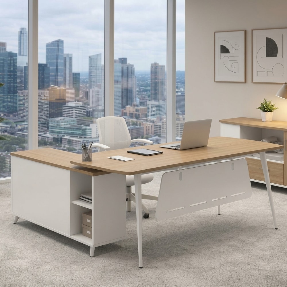 Mesa de despacho con mueble auxiliar blanco y robl