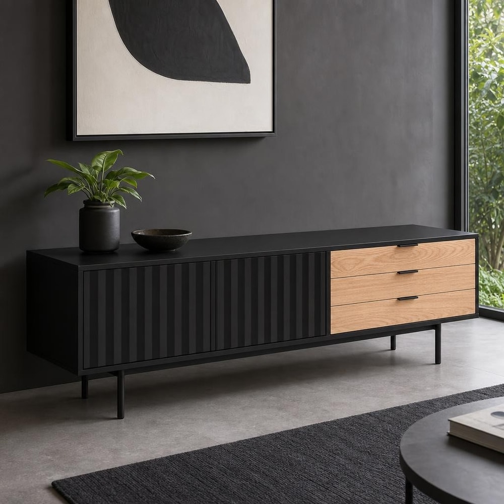 Mueble TV negro con 2 puertas y 3 cajones