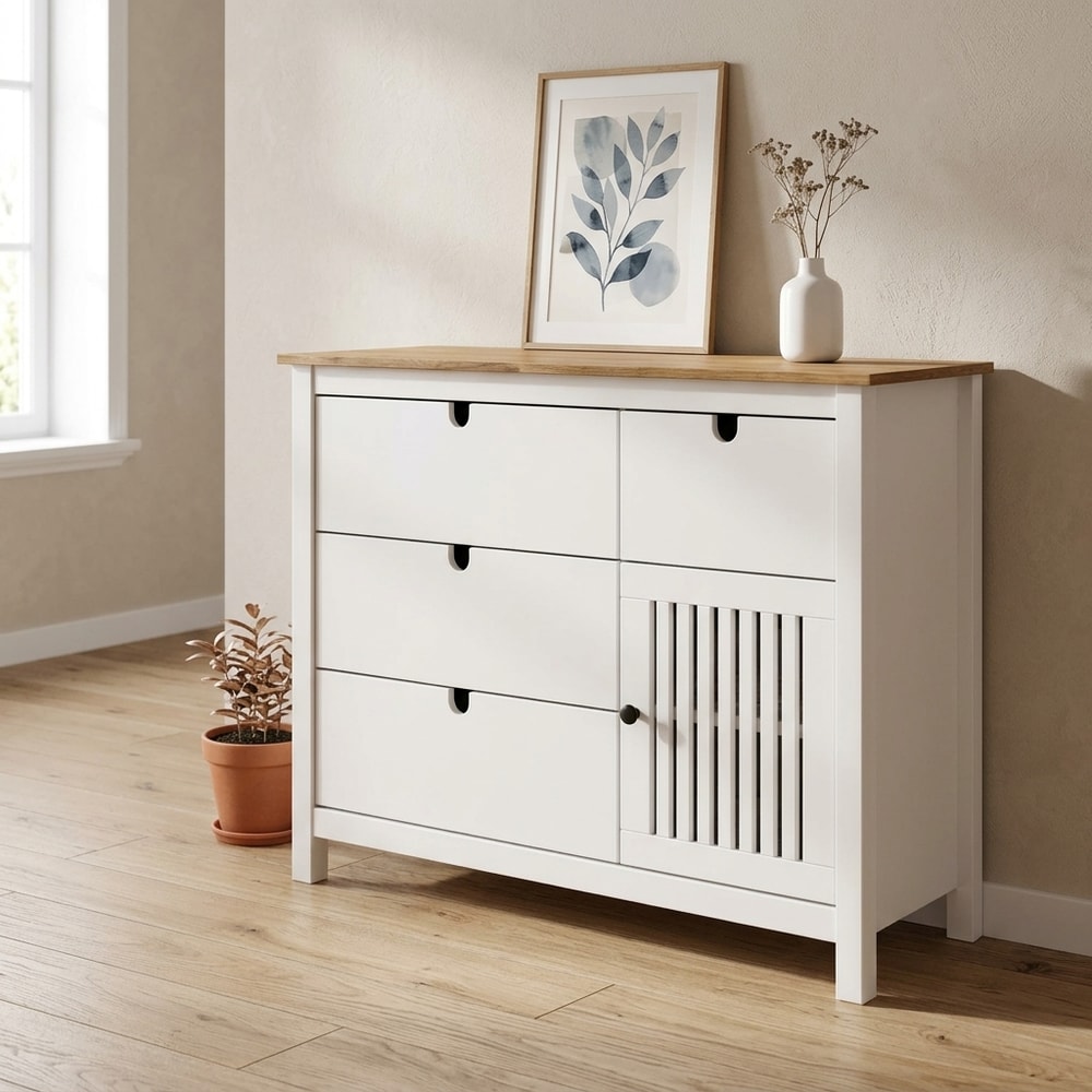 Cómoda de 4 cajones y puerta en blanco y madera