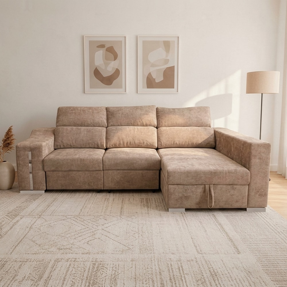Chaise longue 3 plazas beige con arcón y pufs