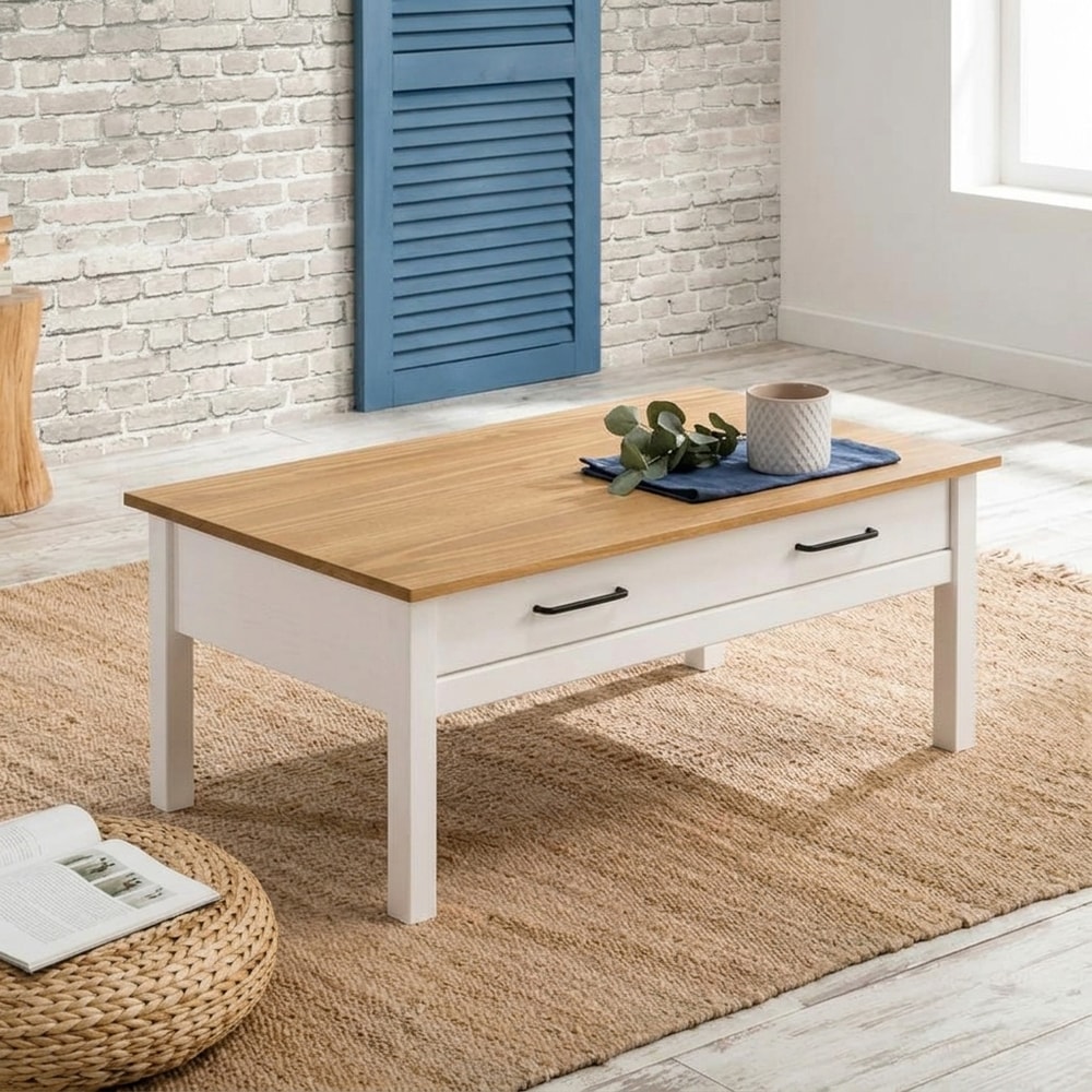 Mesa de centro blanca y madera con dos cajones
