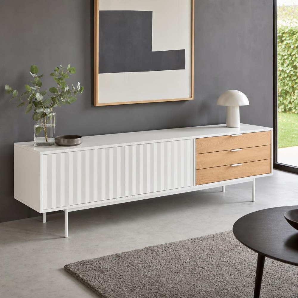 Mueble TV blanco con 2 puertas y 3 cajones