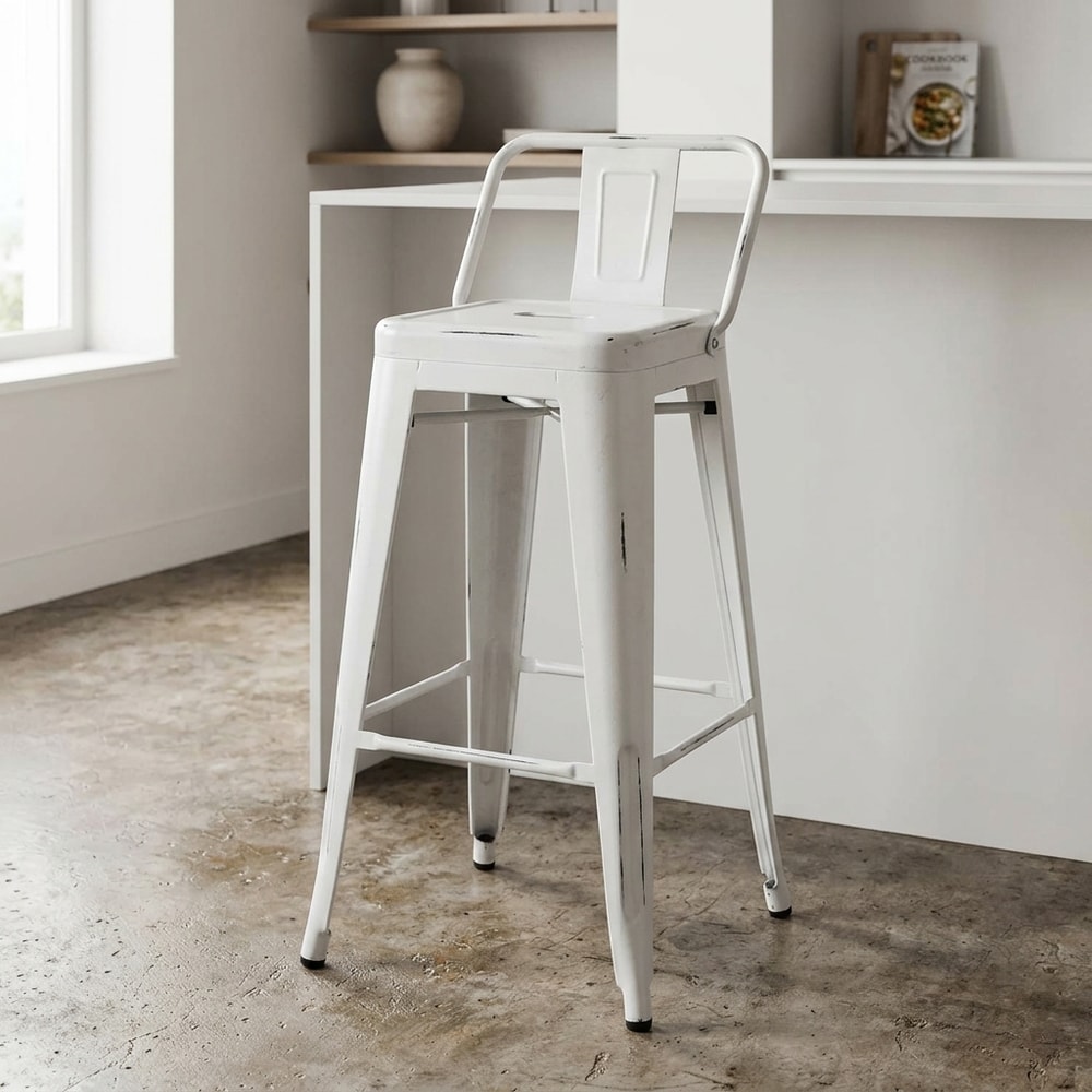 Taburete alto de acero con respaldo blanco