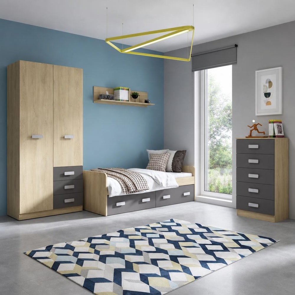 Dormitorio juvenil con cama, armario y cómoda