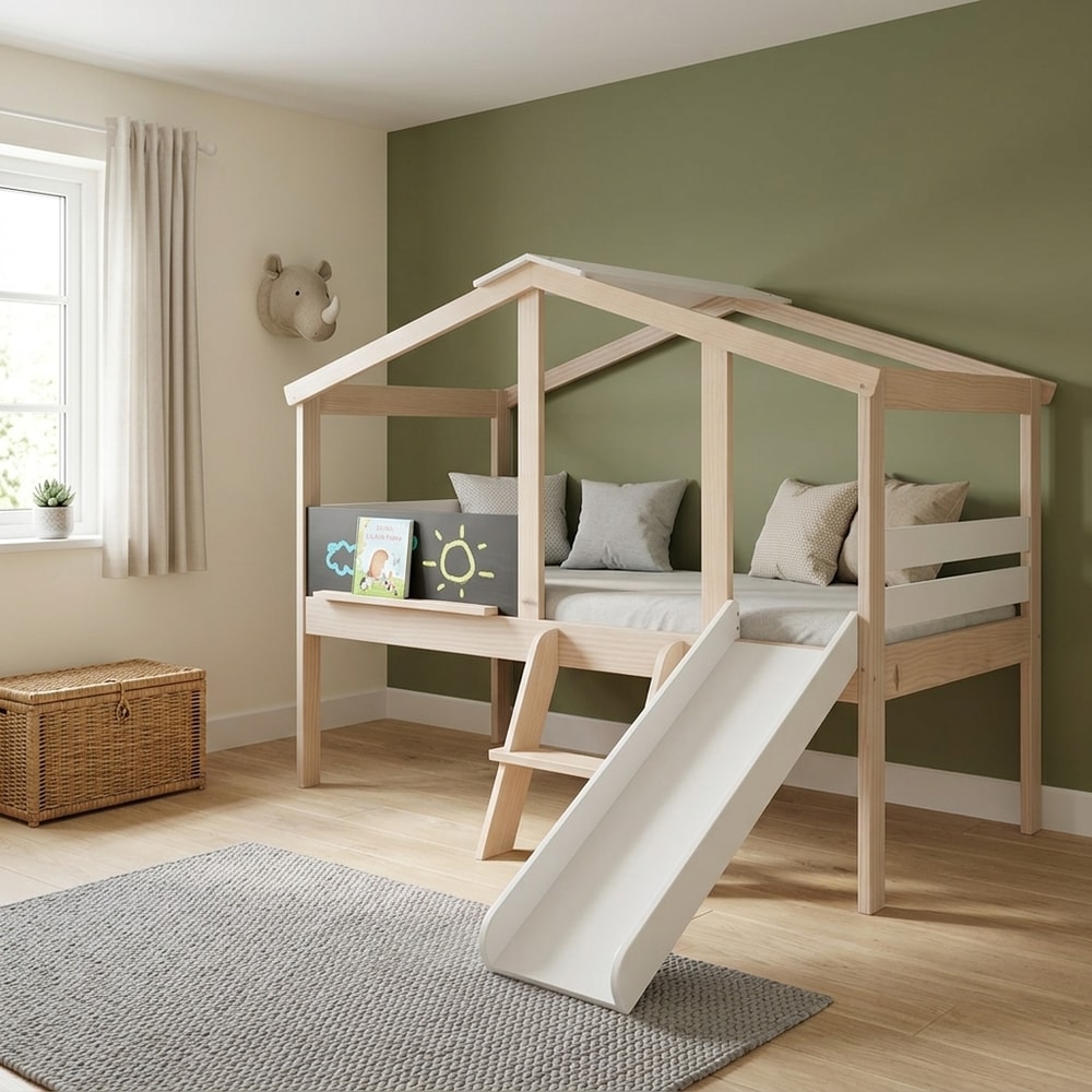 Cama Casita Infantil con Tobogán y Pizarra