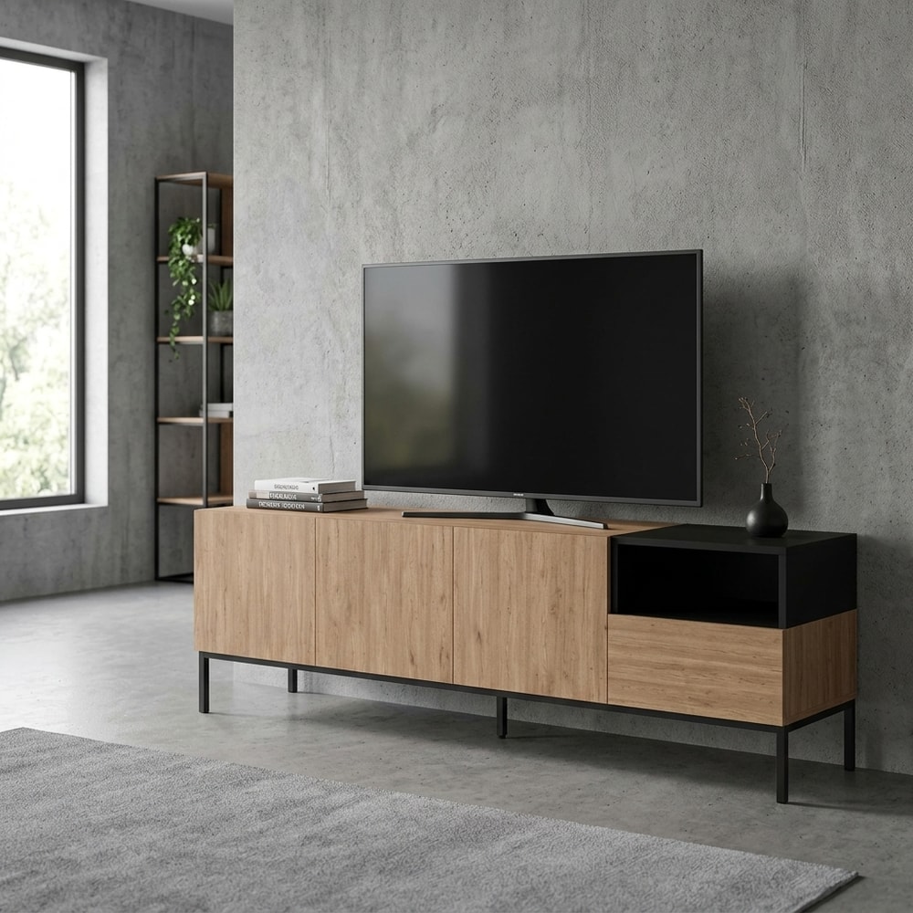 Mueble TV 3 puertas y cajón madera y negro