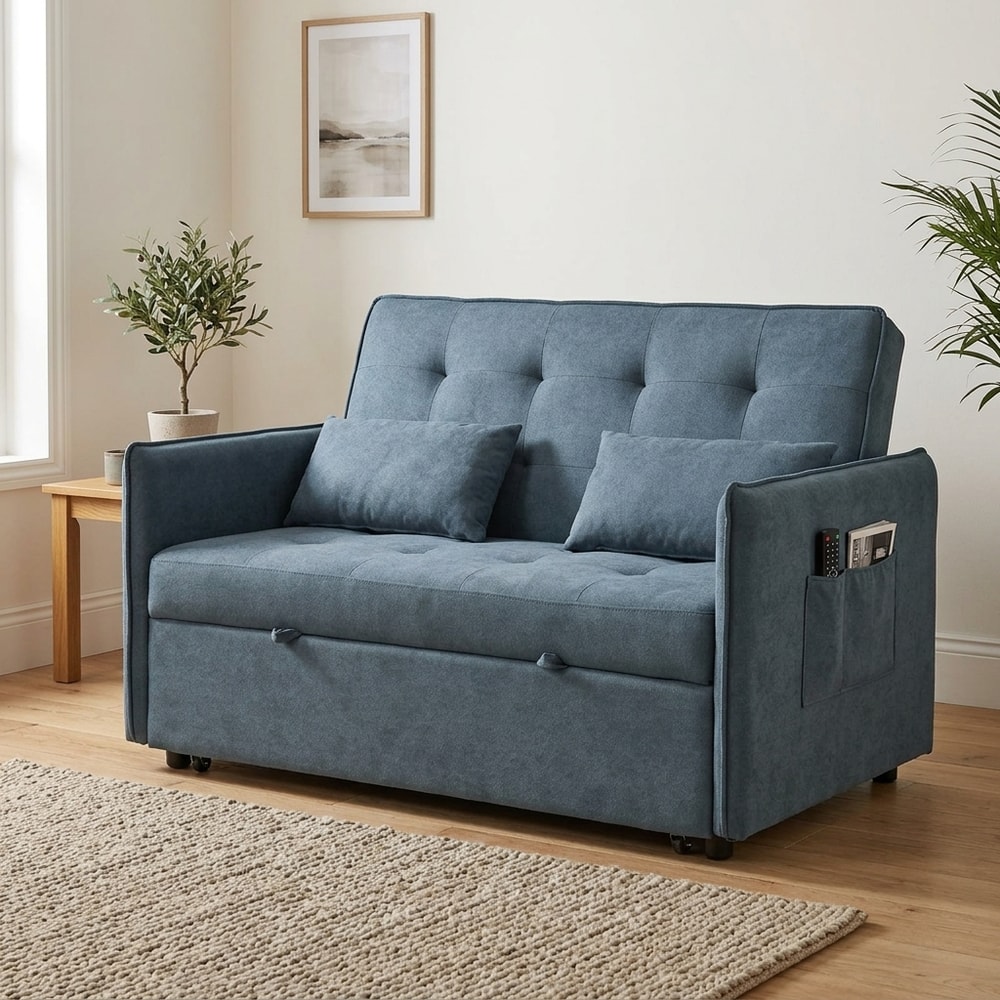 Sofá cama gris con brazos y sistema extraíble