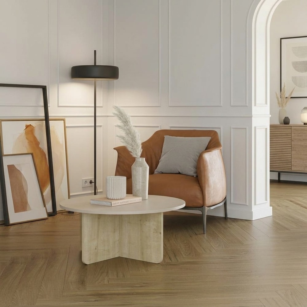 Mesa de centro redonda moderna crema y madera