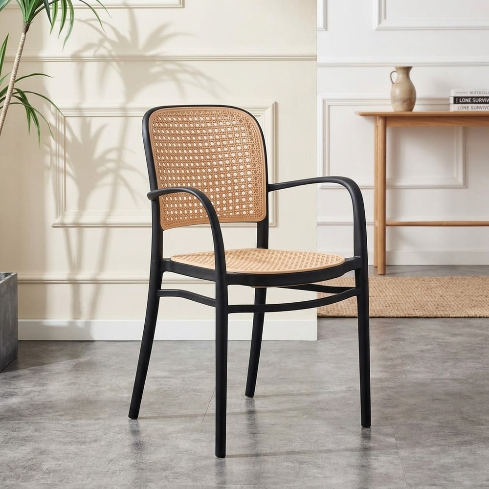 Sillón Exterior Apilable Negro y Rejilla Beige