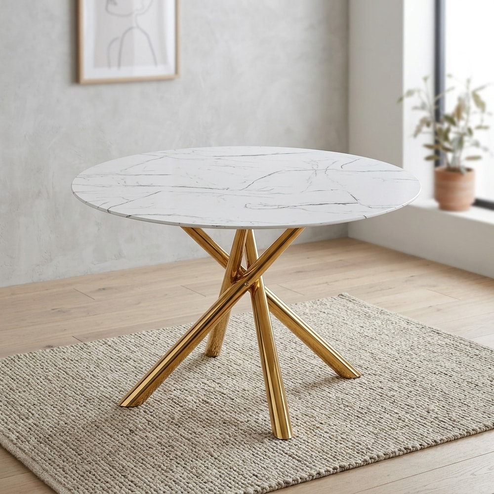 Mesa comedor redonda efecto mármol y patas oro