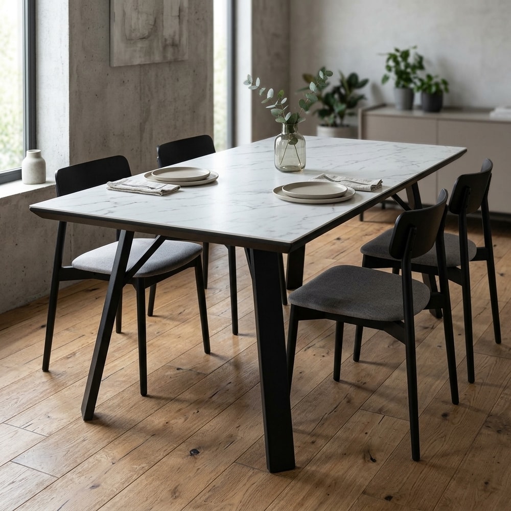Mesa de comedor efecto mármol y patas negras