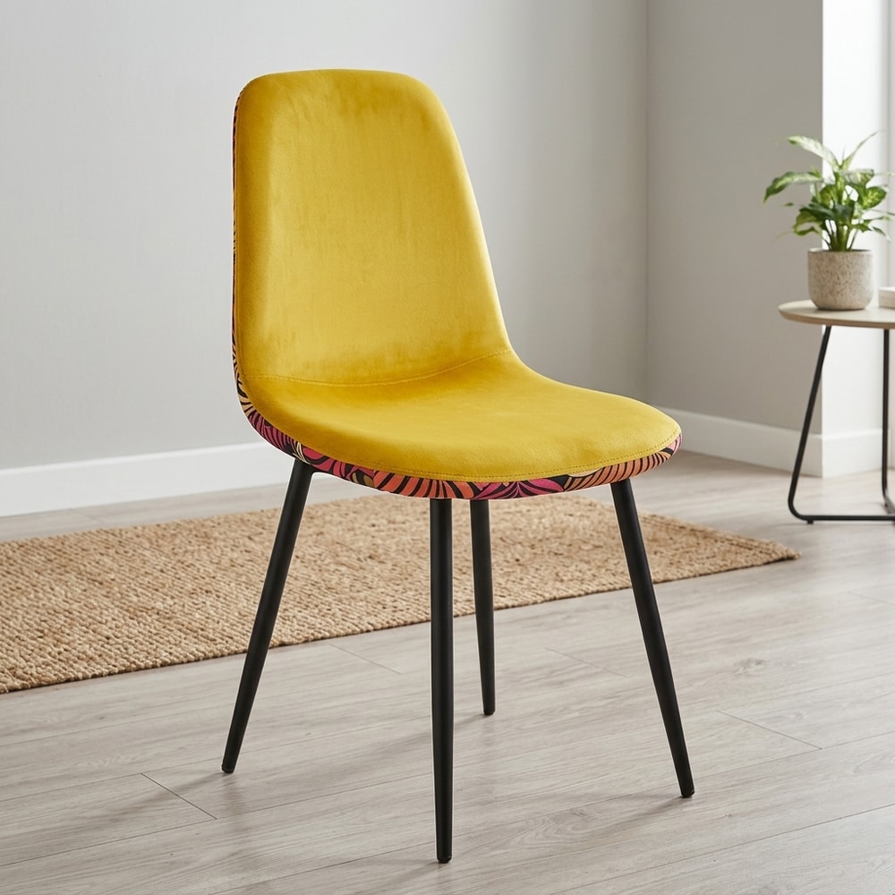 Silla de comedor en terciopelo amarillo y flores