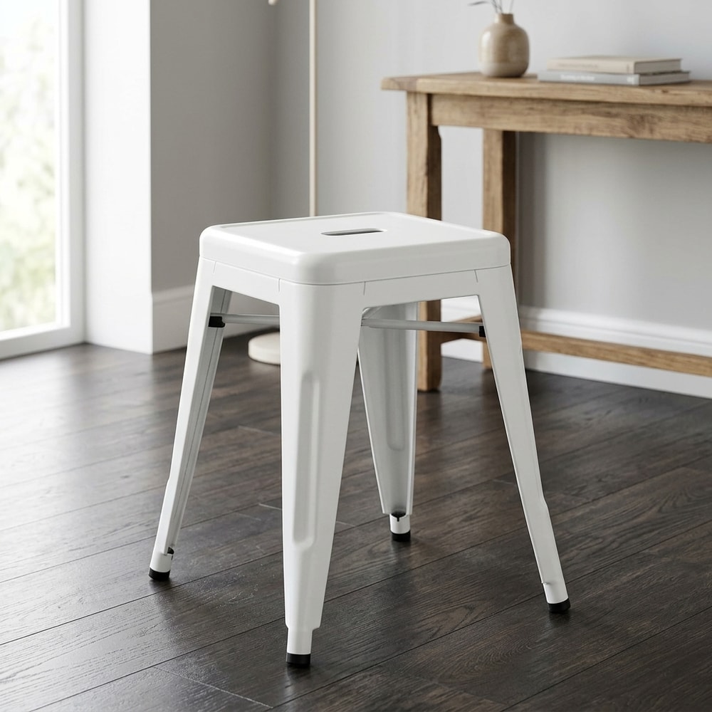Taburete bajo apilable de acero blanco