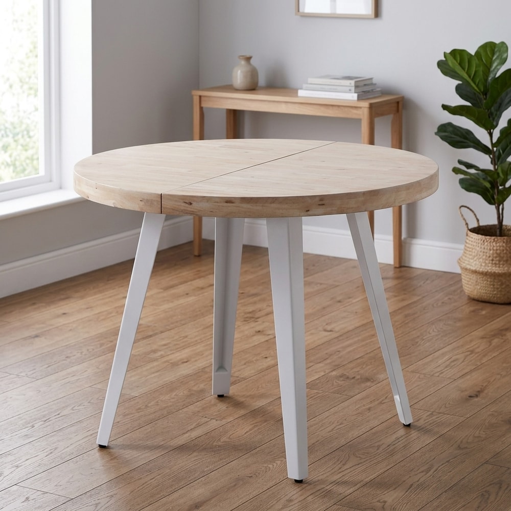Mesa comedor redonda extensible roble y blanco