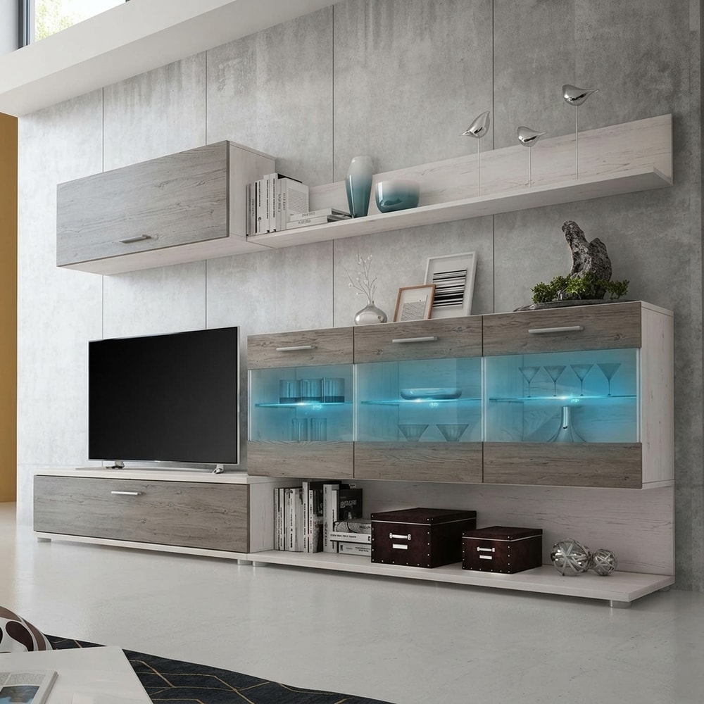 Mueble de salón modular gris con luces LED