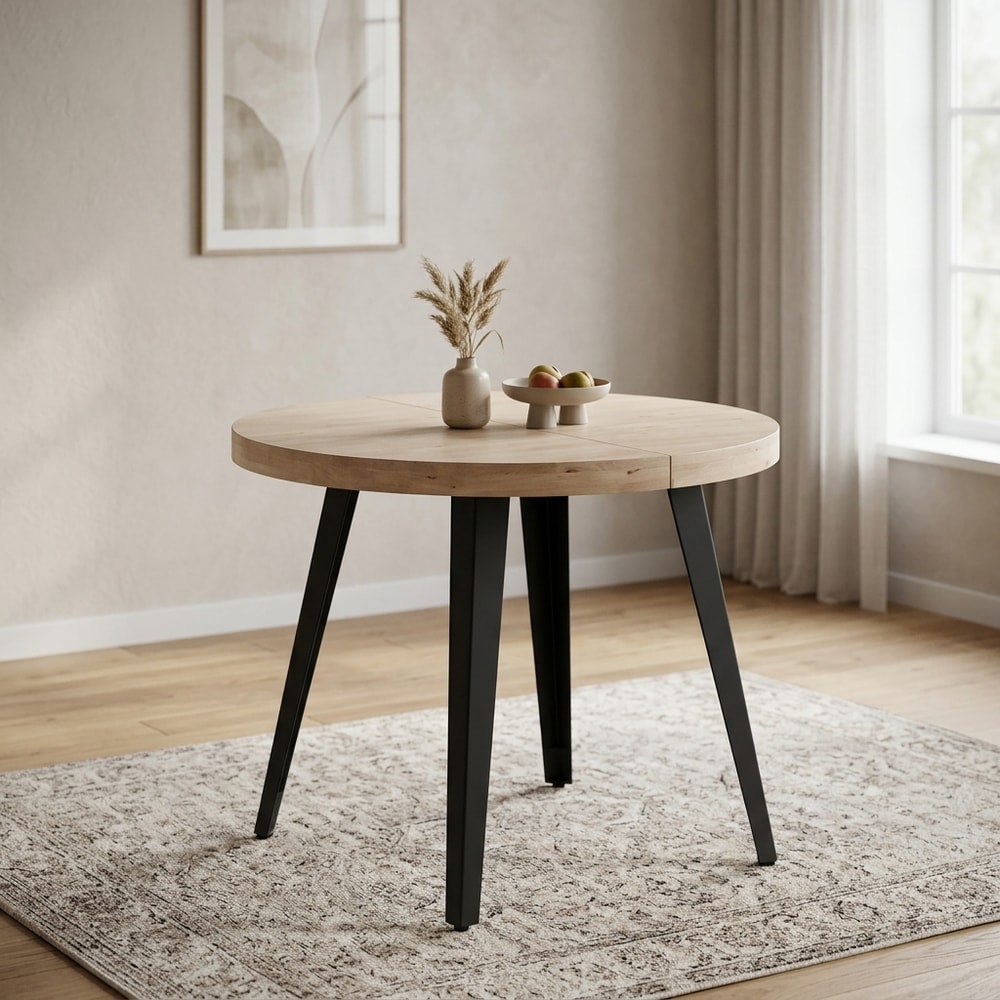 Mesa de comedor redonda extensible roble y negro