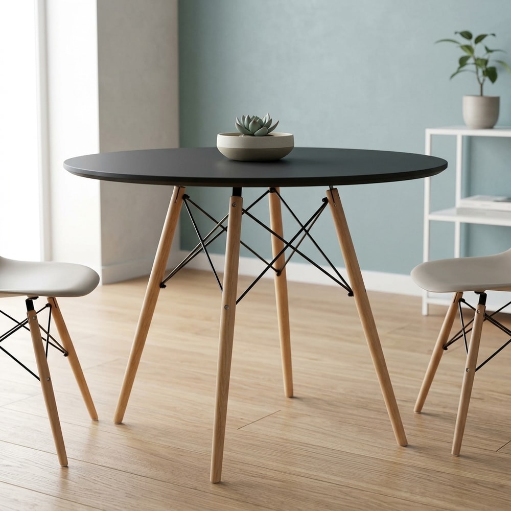 Mesa de comedor redonda negra y madera maciza