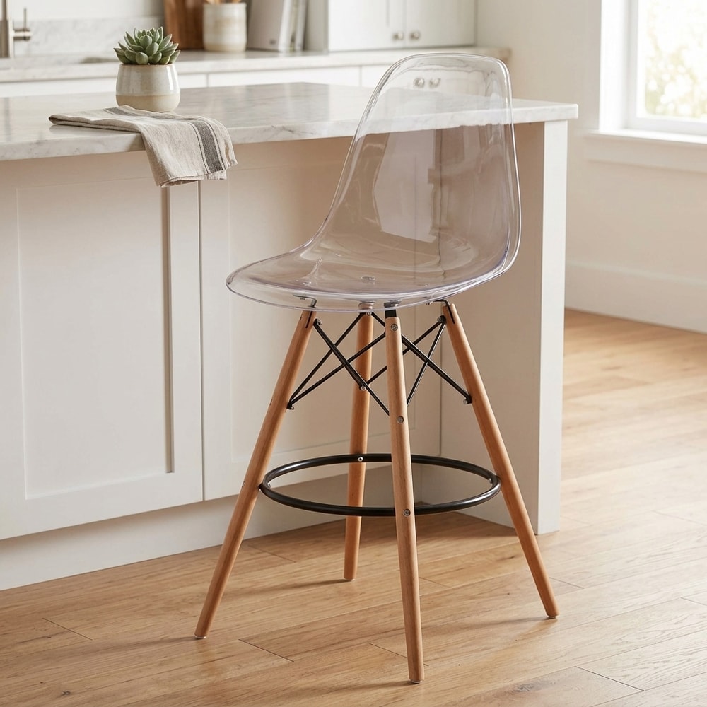 Taburete alto transparente con patas de madera