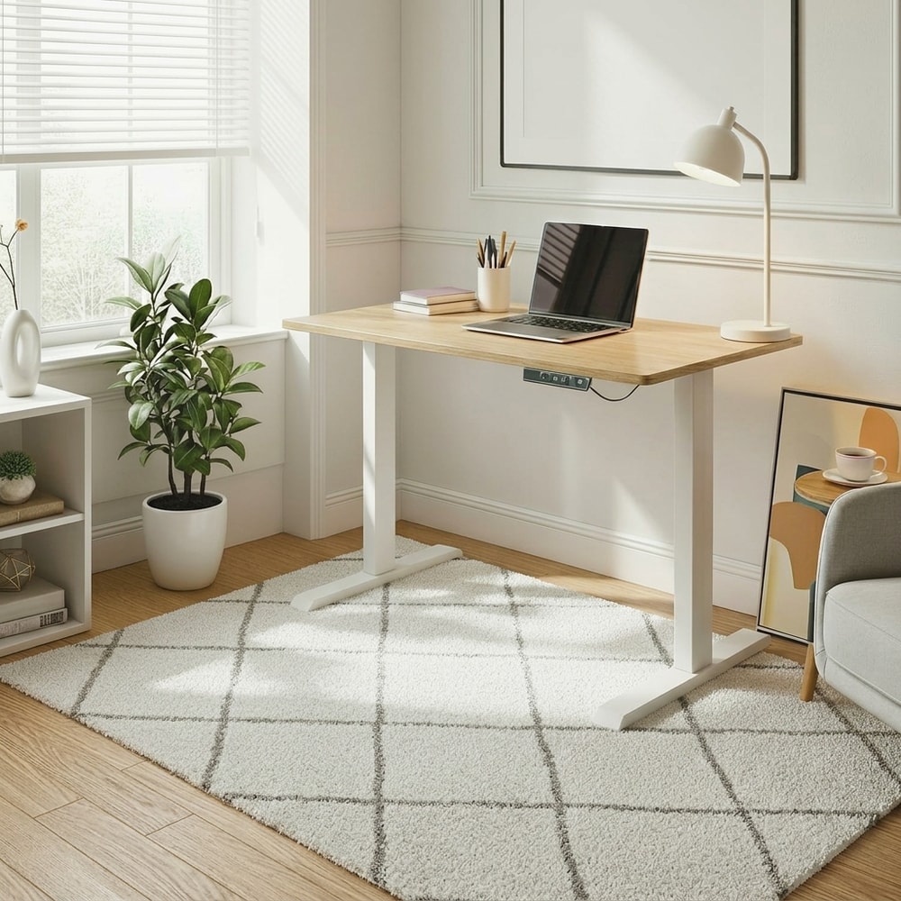 Mesa de estudio elevable eléctrica roble y blanco