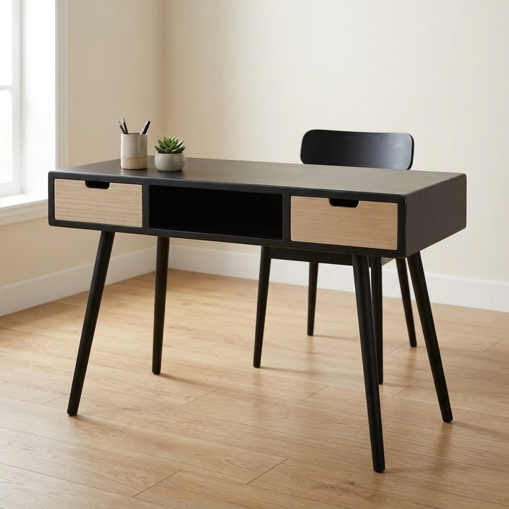 Escritorio negro con 2 cajones de madera natural