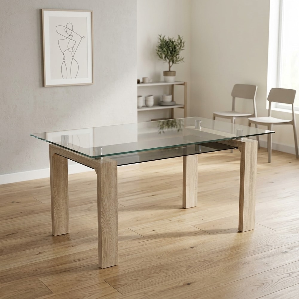 Mesa de comedor de cristal y patas color cambria