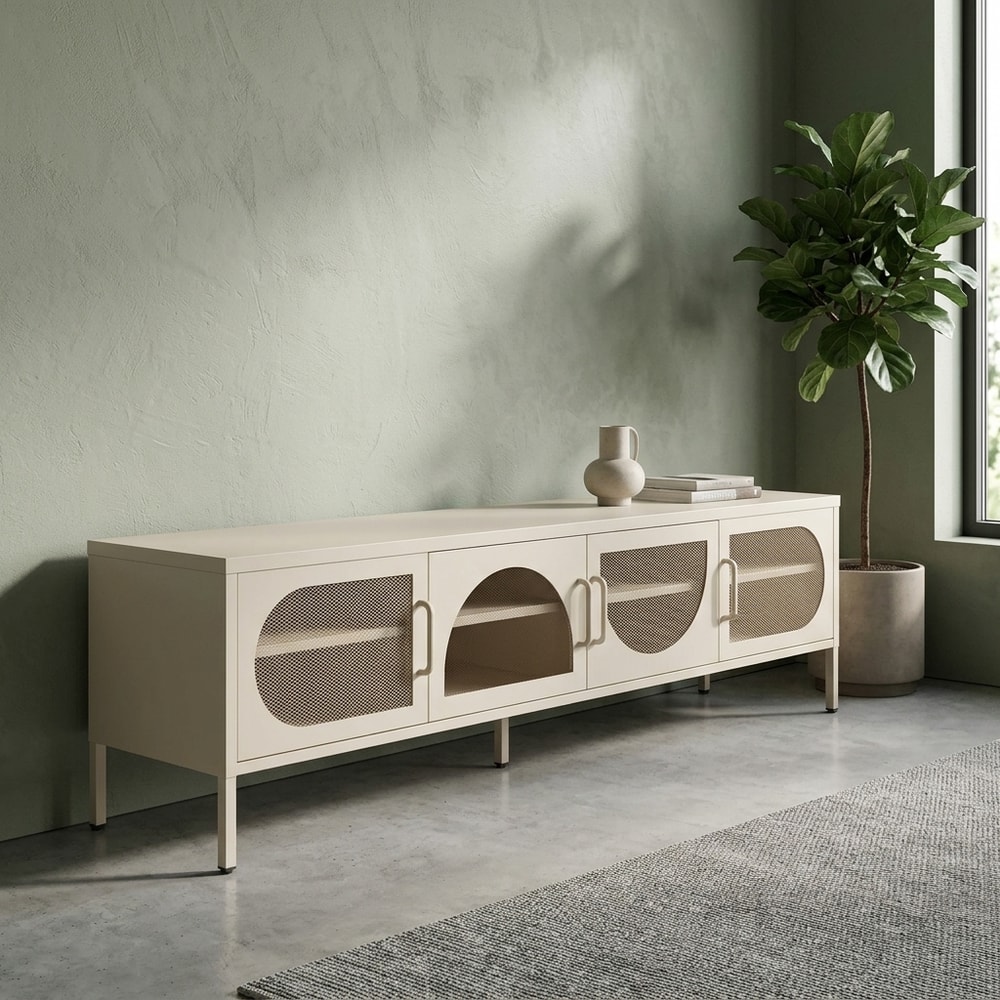 Mueble de TV crema con 4 puertas de rejilla