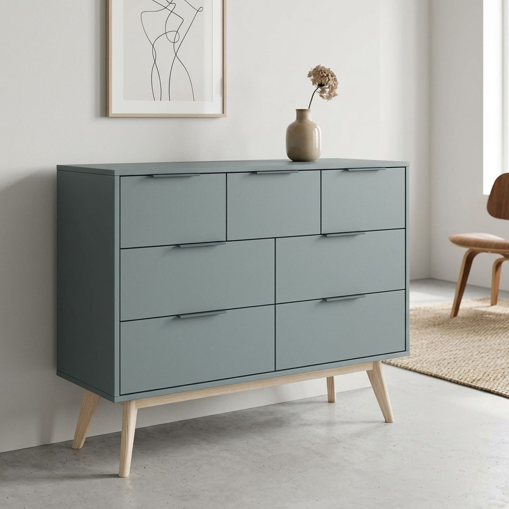 Cómoda de 7 cajones verde con patas de madera
