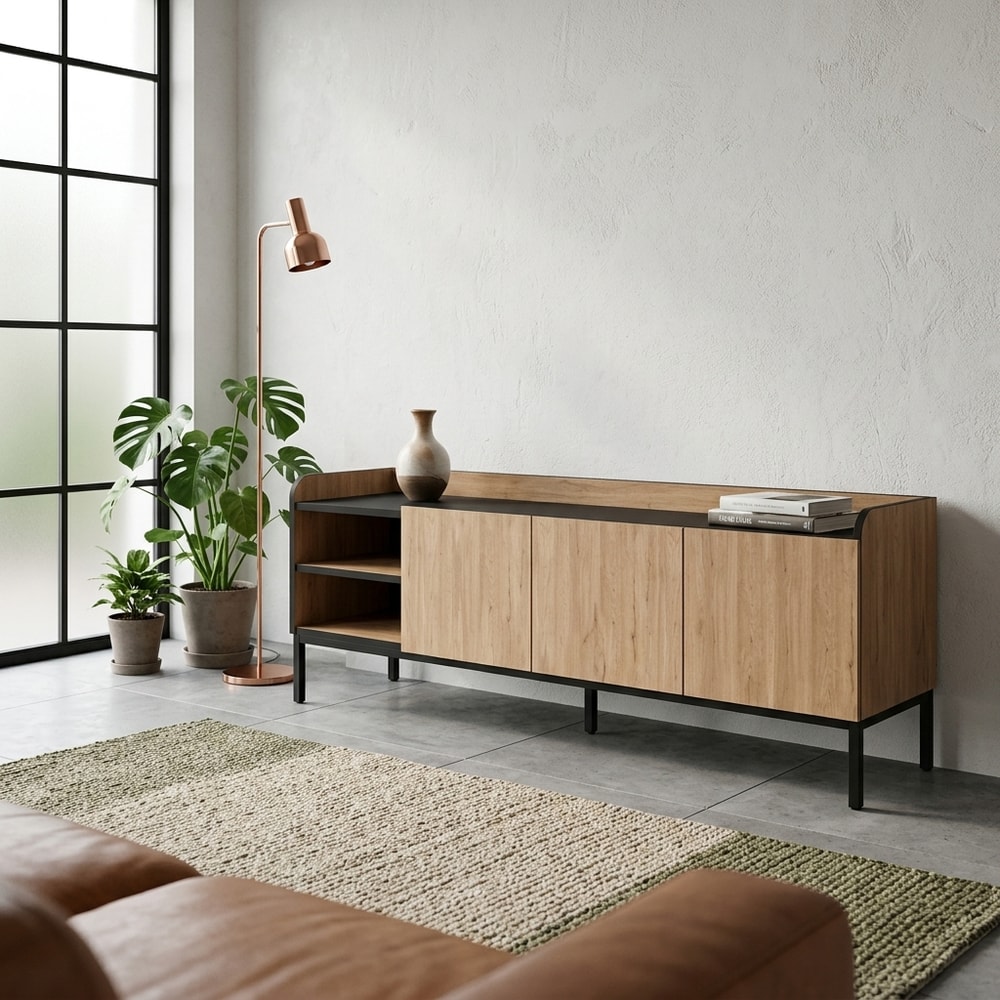 Mueble de TV Moderno con 3 Puertas y Estantes