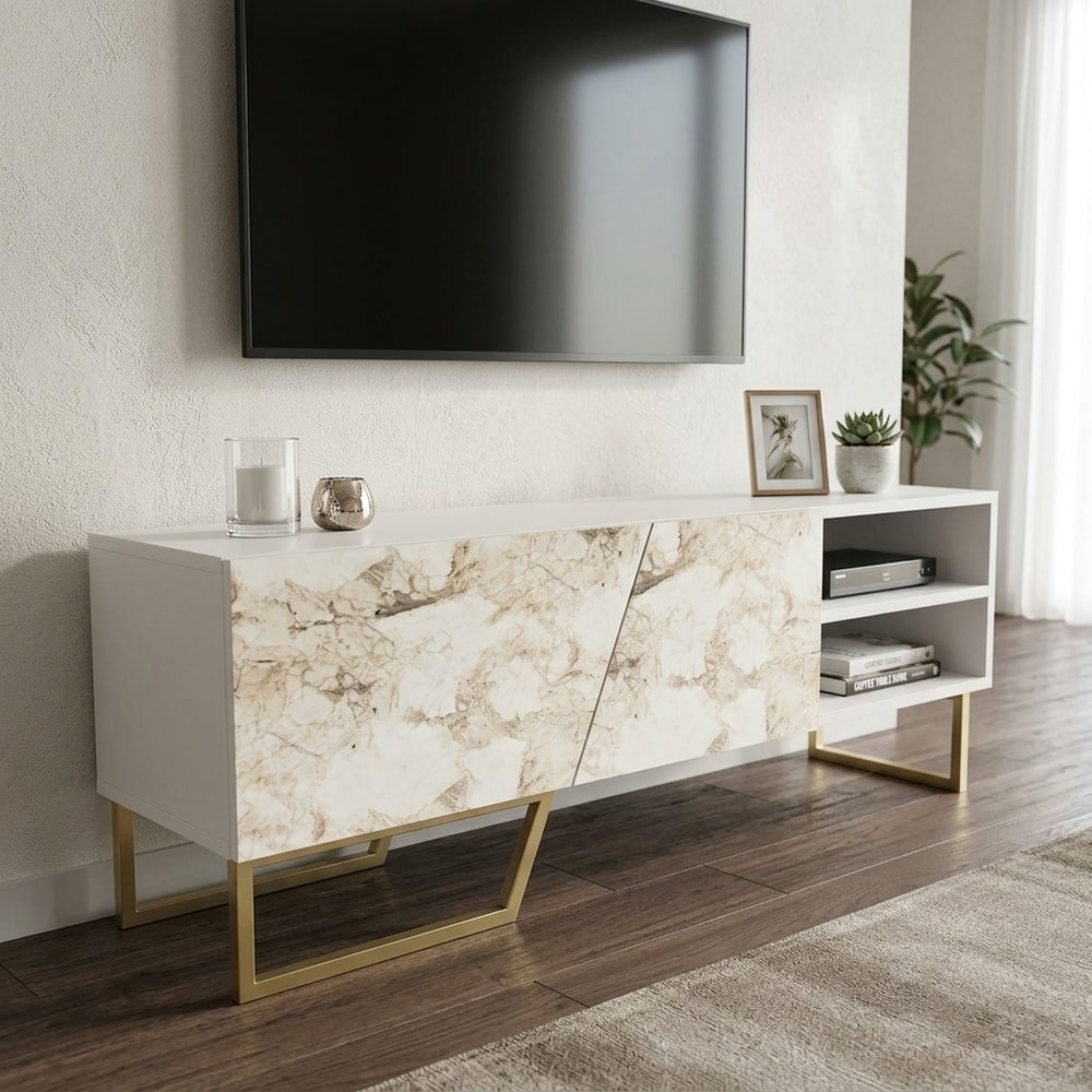 Mueble TV blanco efecto mármol y base dorada
