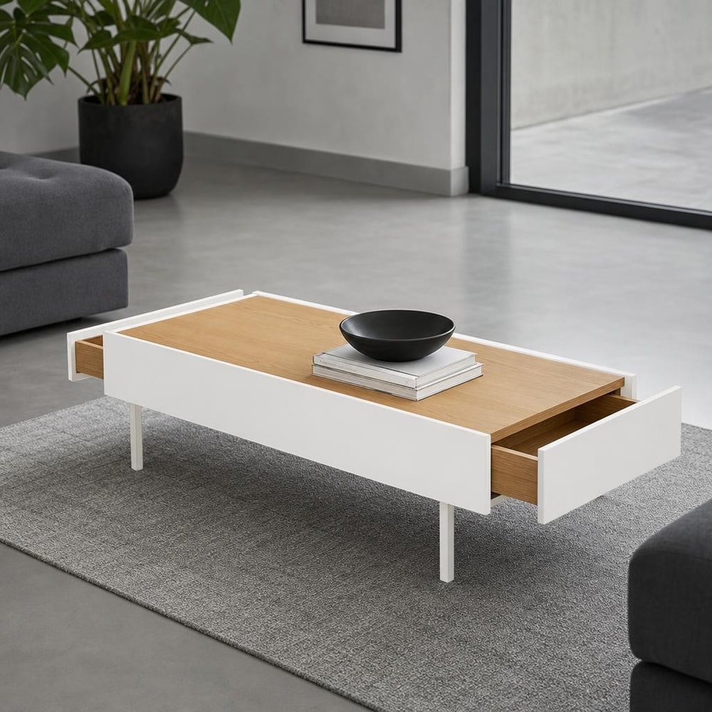 Mesa de centro blanca y natural con 2 cajones