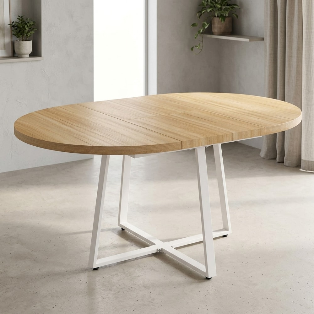 Mesa comedor redonda extensible roble y blanco
