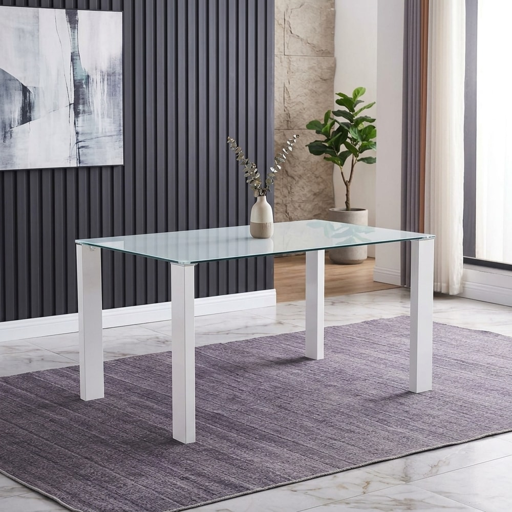 Mesa de comedor de cristal y estructura blanca