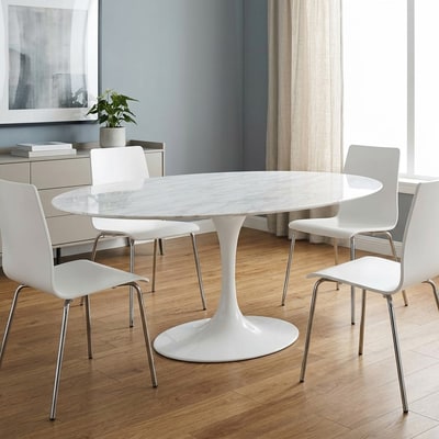 Mesa de comedor ovalada de mármol blanco y fibra