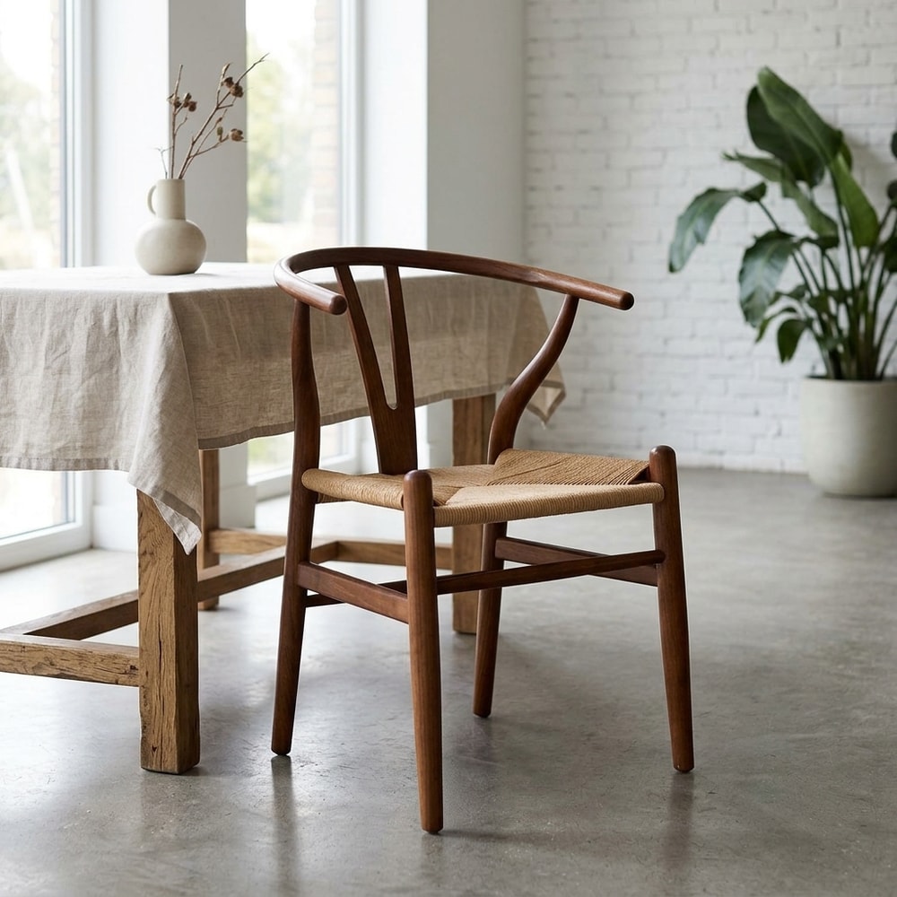 Silla de comedor en madera oscura y ratán
