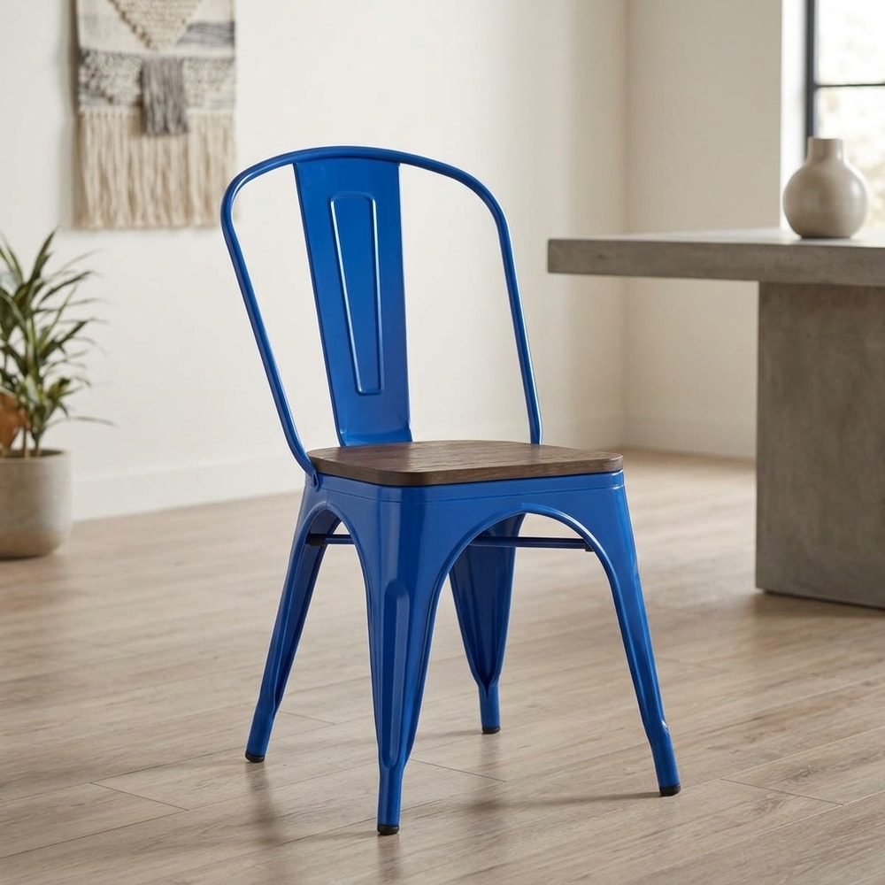 Silla Industrial Azul con Asiento de Madera