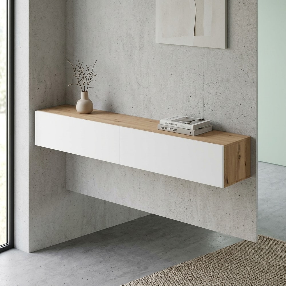 Mueble TV suspendido 2 puertas roble y blanco