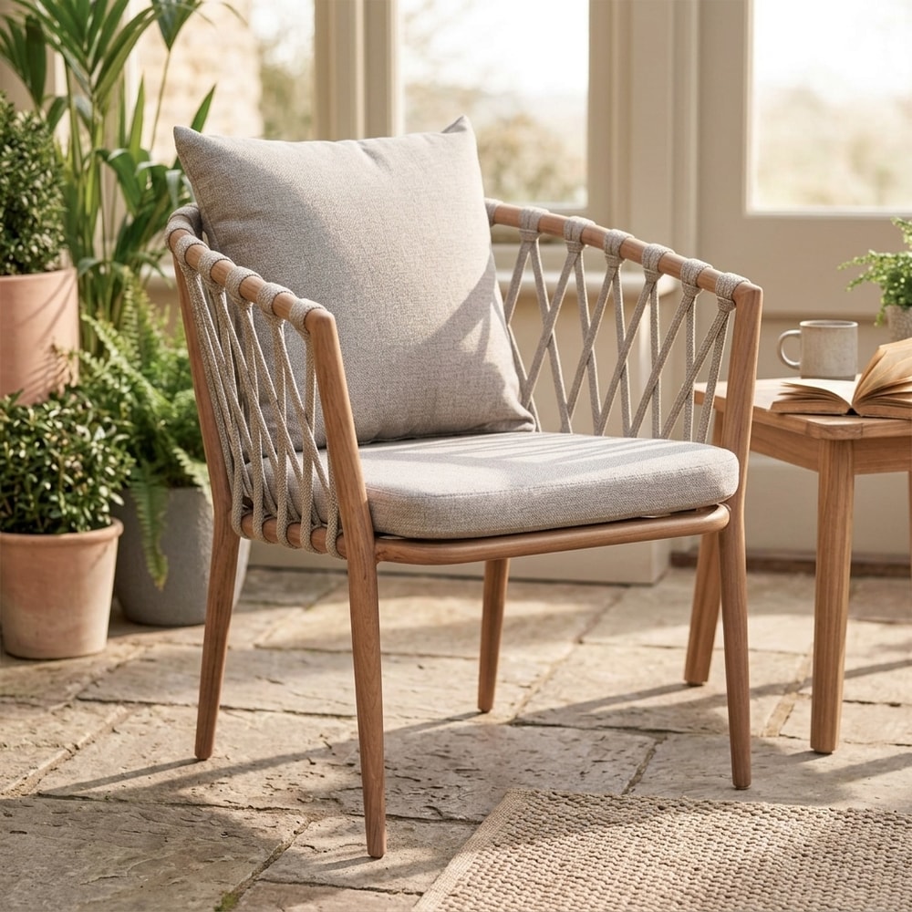 Sillón de exterior efecto madera y cuerda gris