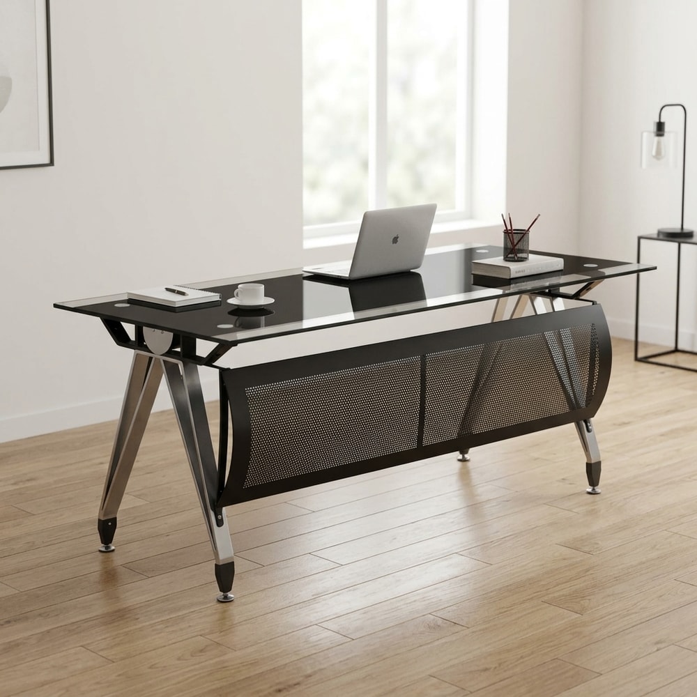 Escritorio moderno de cristal negro y acero